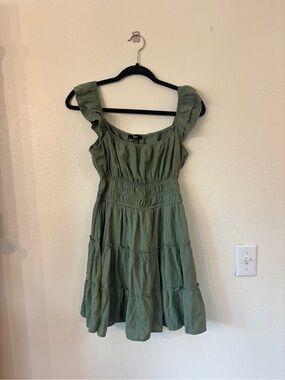 Olive Ruffled-Sleeve Fit & Flare Dress
